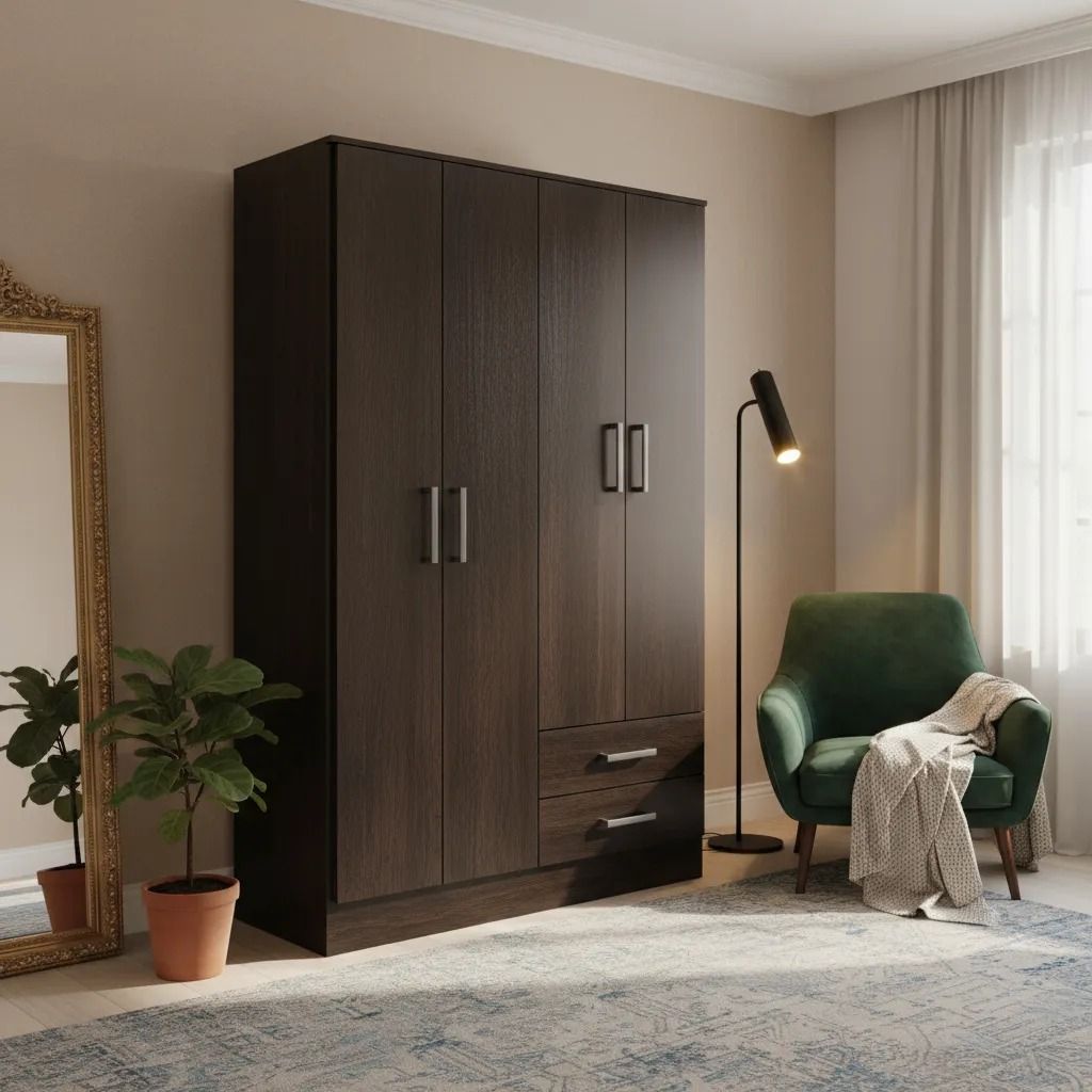 Armario marrón oscuro con cuatro puertas, dos cajones y tiradores plateados, junto a un sillón verde.