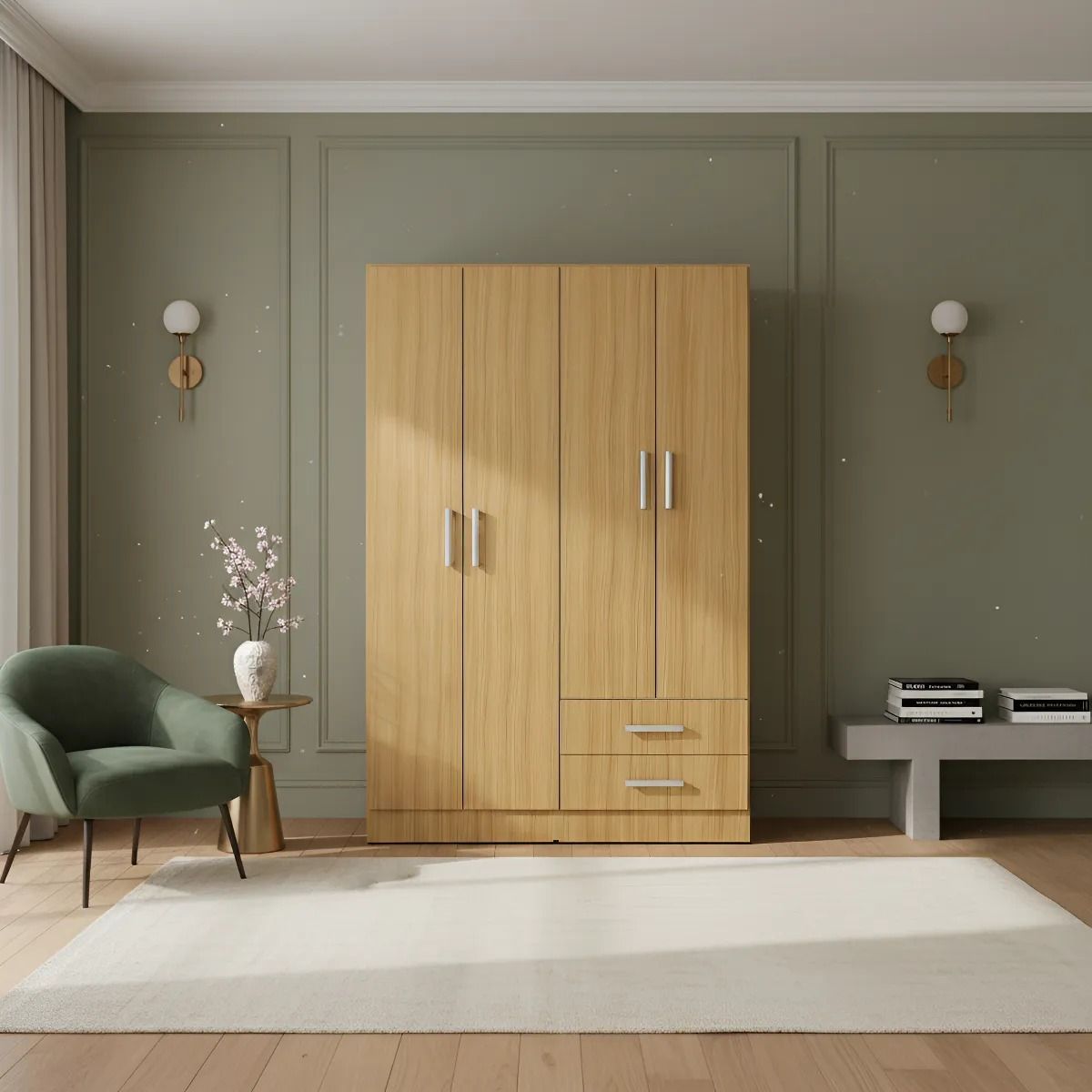 Armario marrón oscuro con cuatro puertas, dos cajones y tiradores plateados, junto a un sillón verde.