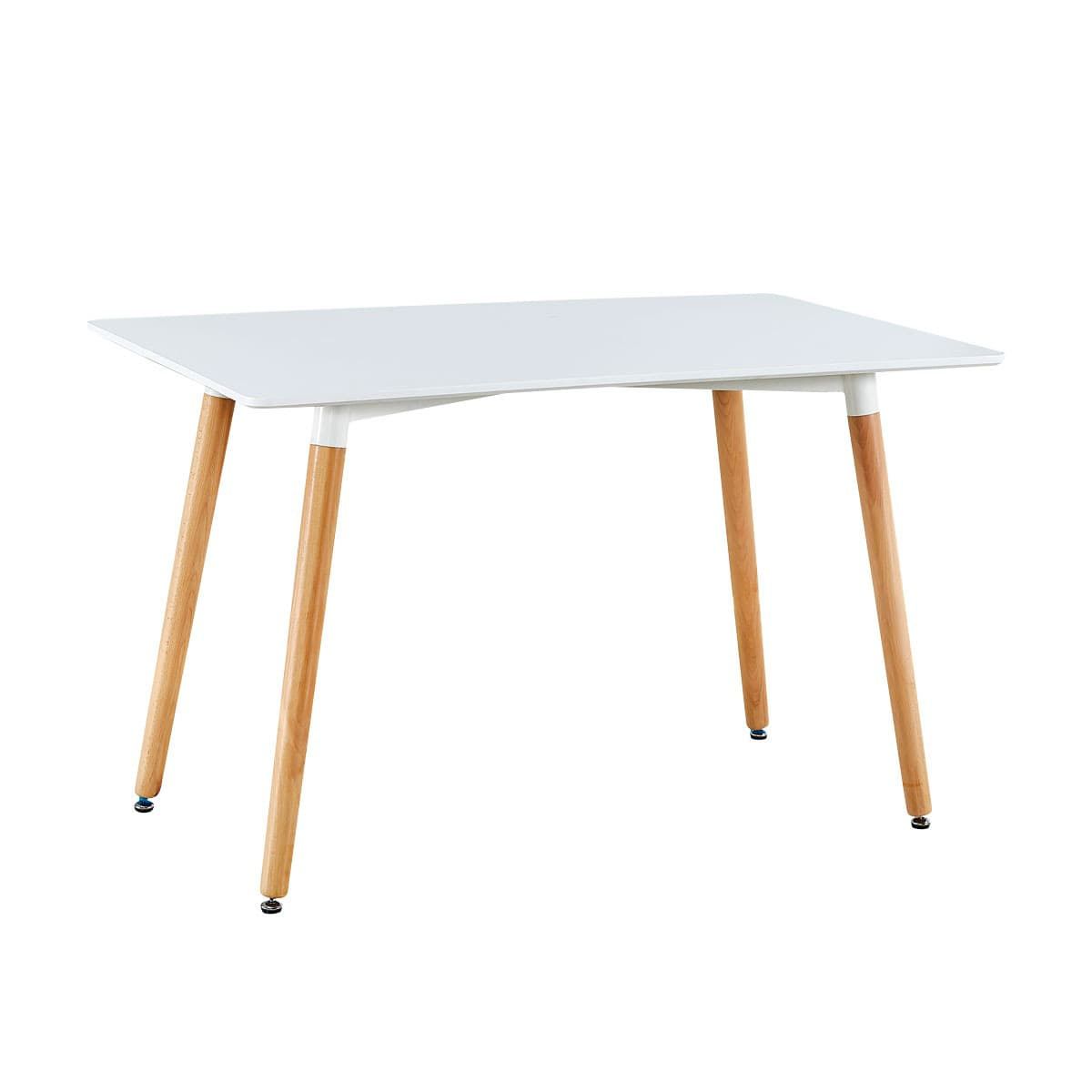Mesa rectangular blanca con patas de madera.