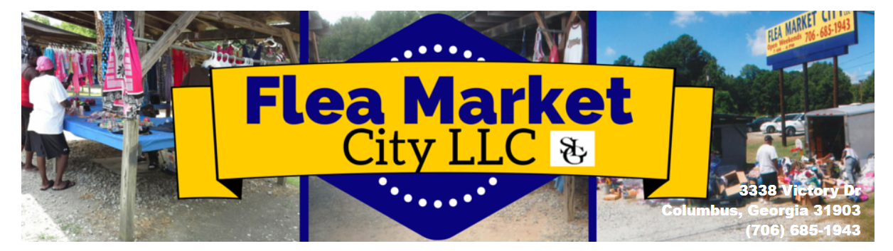 Banner for Flea Market City LLC with store images on the sides and business name in a yellow banner over a blue hexagon.