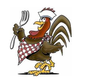 Cartoon chicken wearing a chef’s hat and checkered neckerchief, holding a fork in its wing.