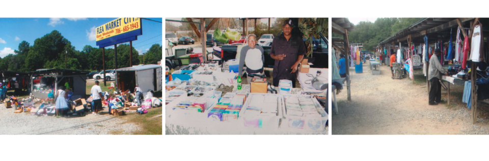 A collage showing an outdoor flea market with vendors displaying various items for sale and people browsing the stalls.
