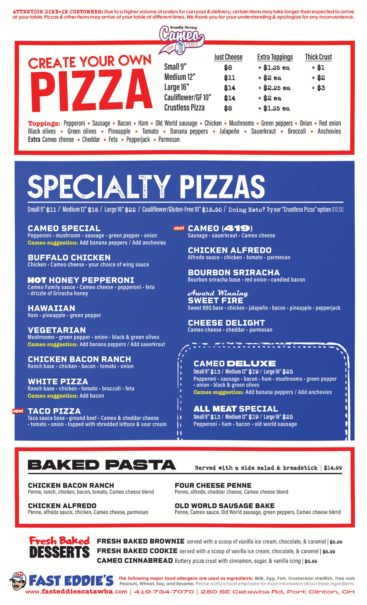 Cameo's/Fast Eddies Menu - Side 2 - Catawba, Ohio