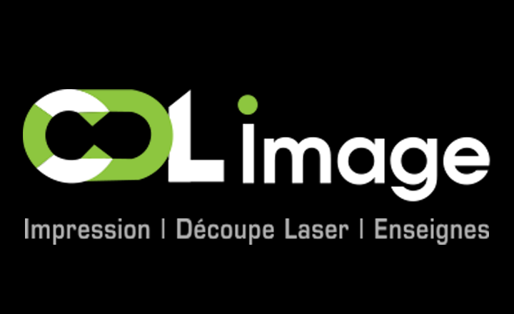 Logo pour « OImage » avec un design vert et blanc, et le texte en dessous, « Impression | Découpe laser | Signes. »