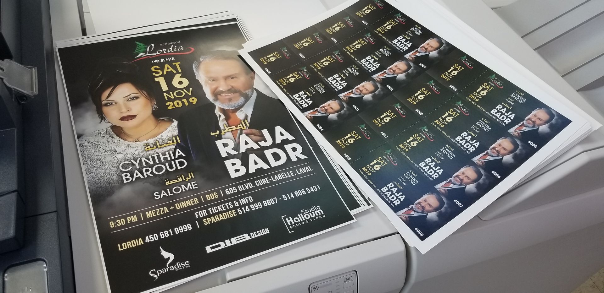 Flyers with Cynthia Baroud and Raja Badr, printed on a copier.