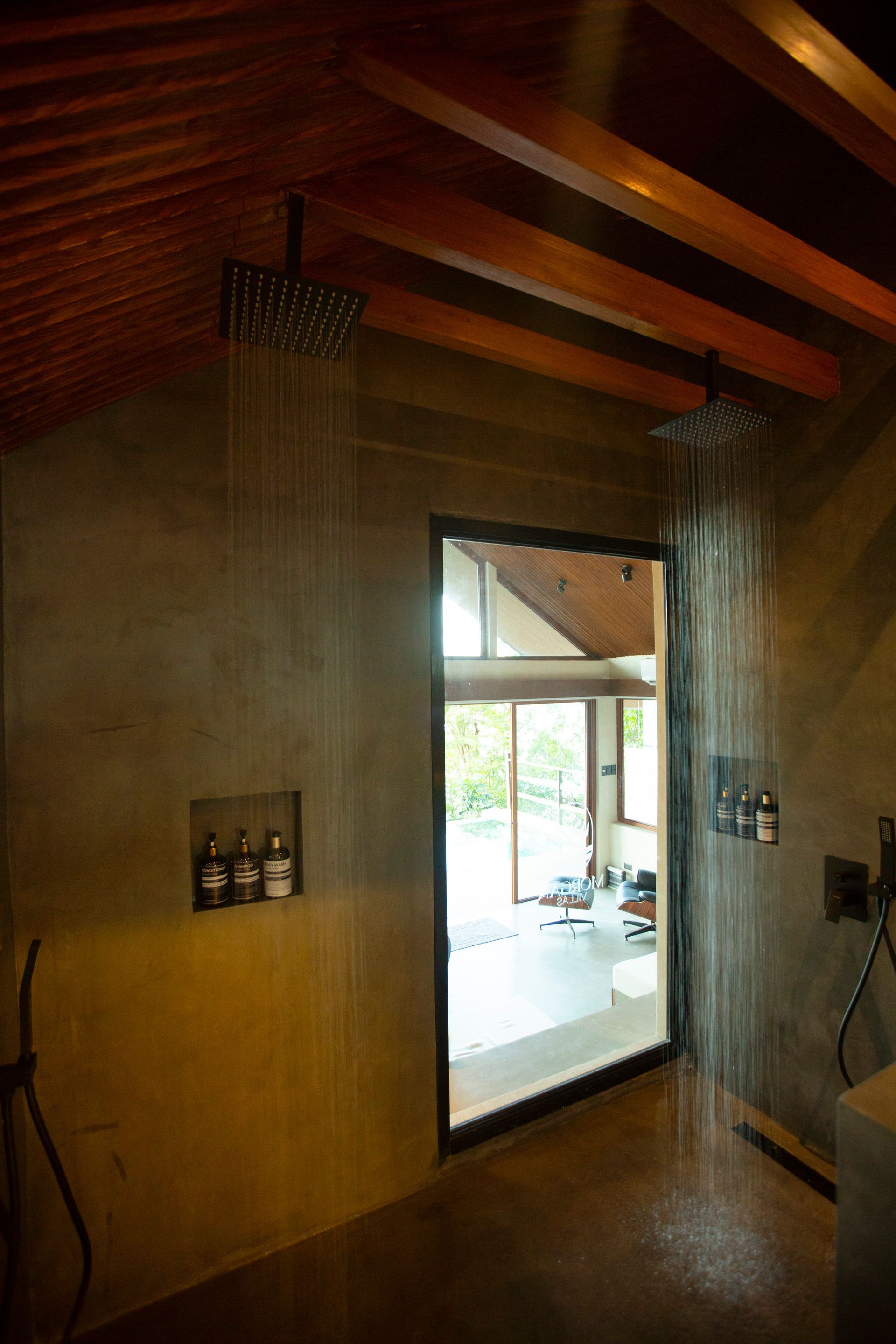 A bathroom with a large shower head and a window.