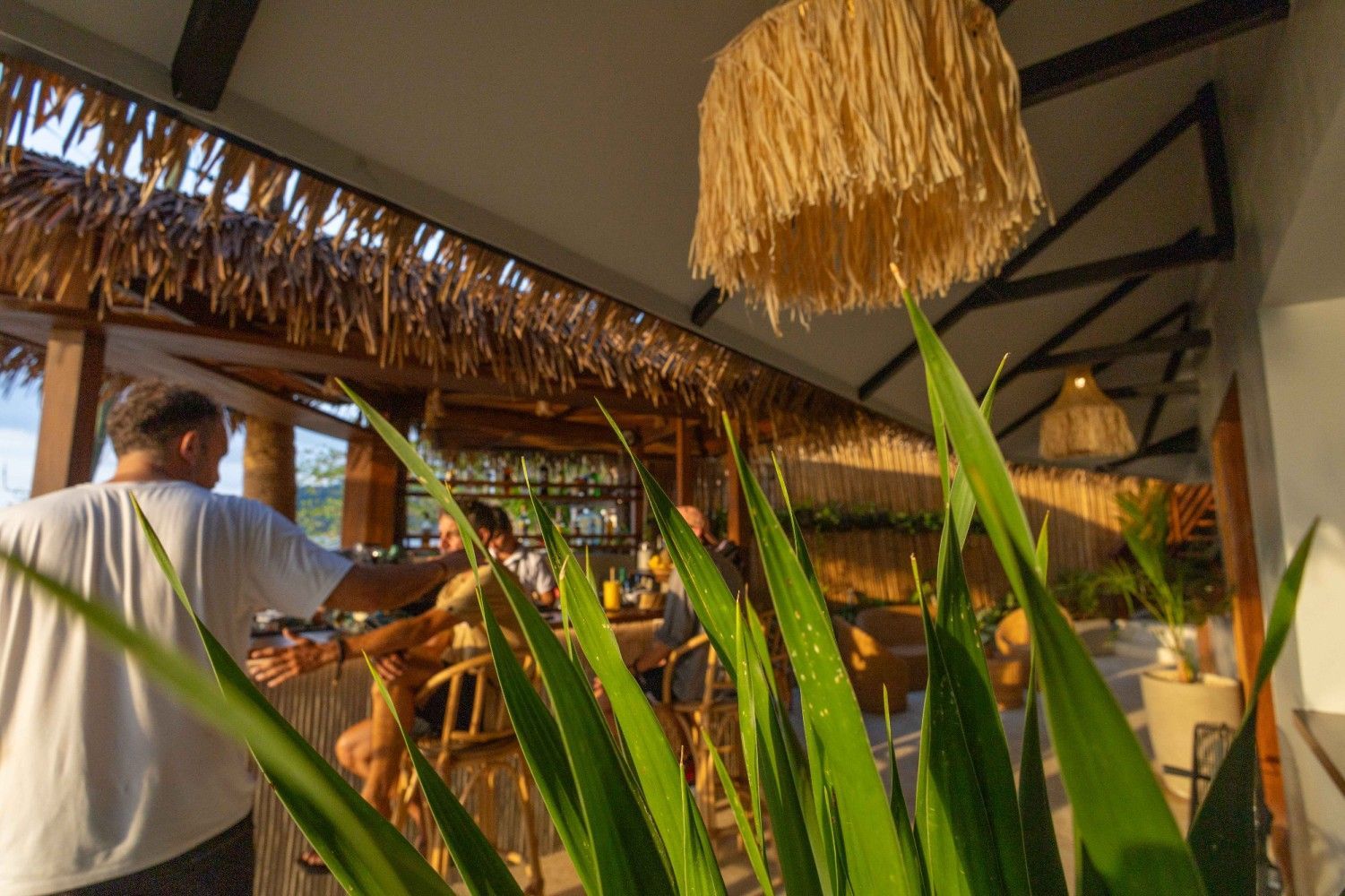 A man in a white shirt is standing in front of a thatched roof.