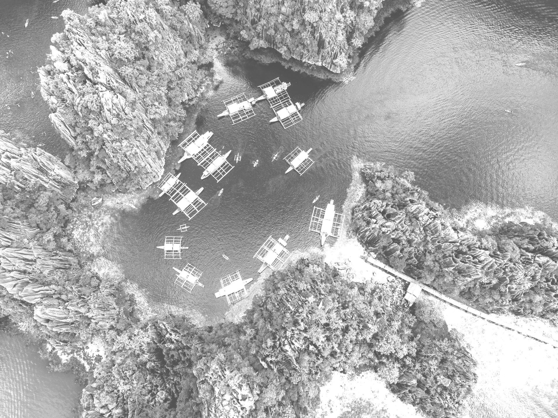 A black and white photo of a lake surrounded by trees.