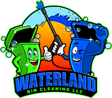 A logo for waterland bin cleaning llc with two trash cans