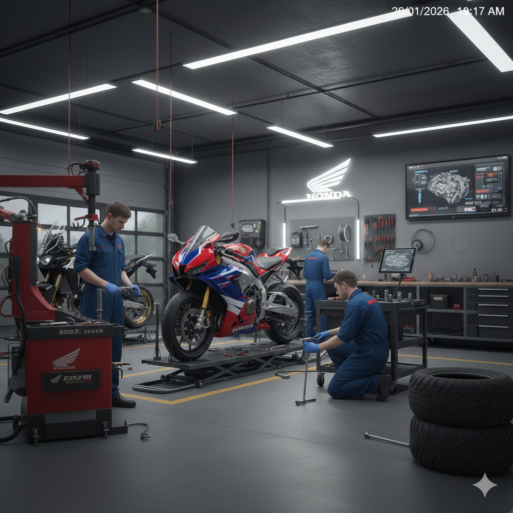 Tre meccanici lavorano su una motocicletta Honda in un garage. Sono circondati da attrezzi e attrezzature.