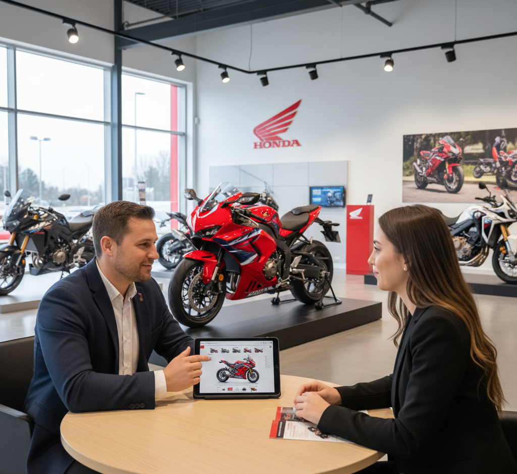 Un uomo indica il disegno di una motocicletta rossa su un tablet mentre una donna lo osserva in uno showroom Honda.