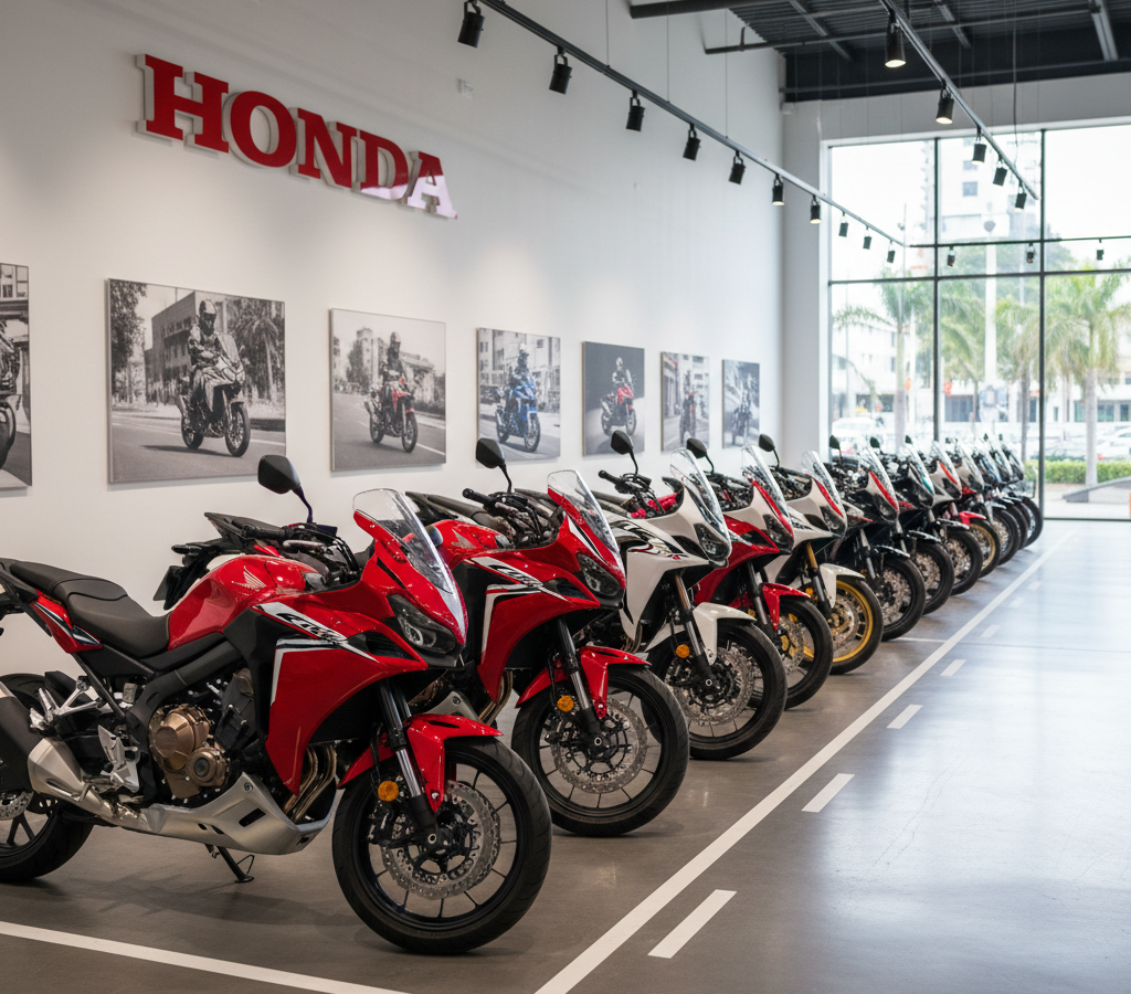 Fila di motociclette Honda rosse, bianche e nere in uno showroom con decorazioni murali e un'insegna Honda.