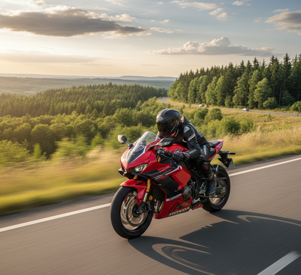 Motocicletta rossa con conducente su una strada tortuosa attraverso una foresta al tramonto.