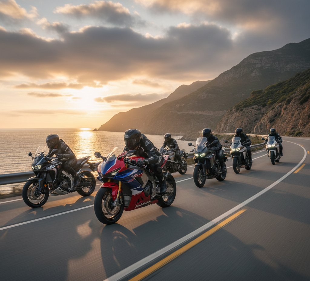 Motociclisti percorrono una strada costiera al tramonto, con montagne e oceano visibili.