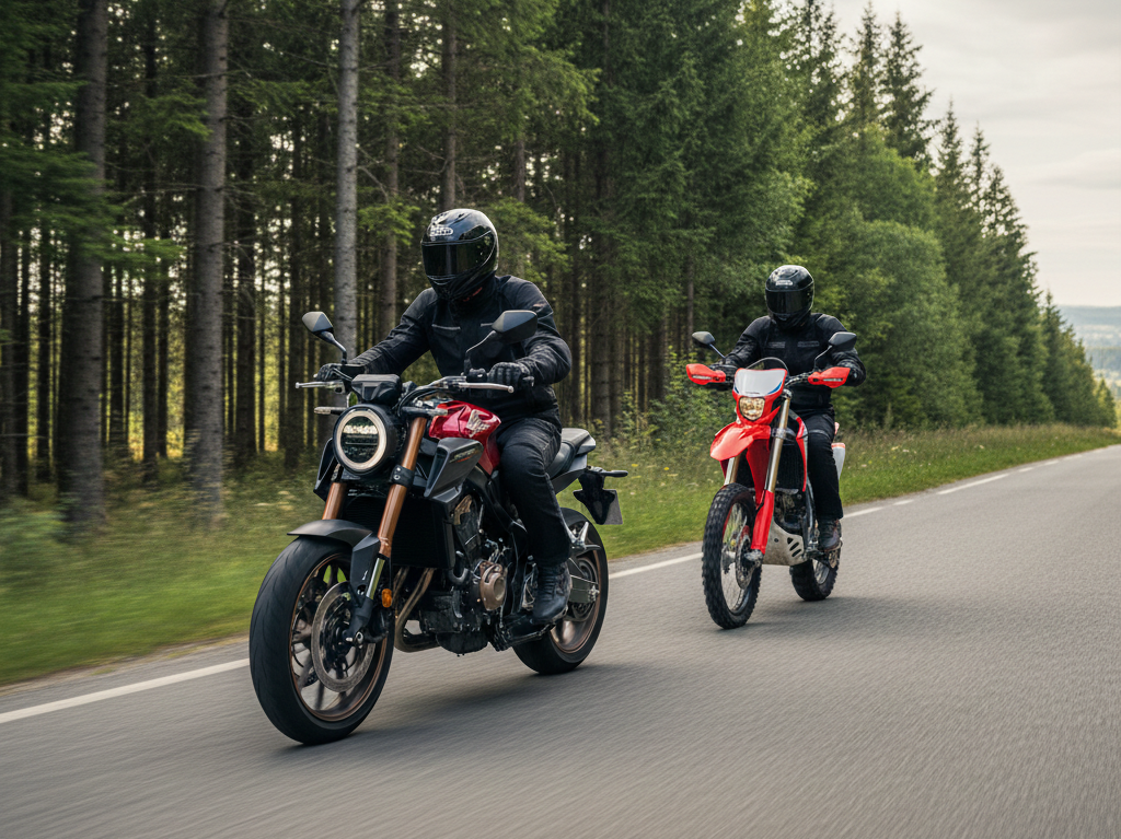 Due motociclisti percorrono una strada asfaltata attraverso una foresta.