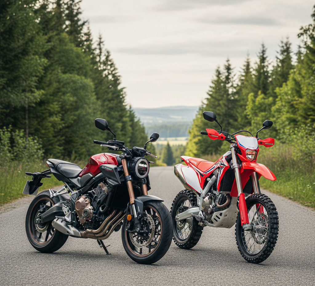 Due motociclette Honda su una strada, una rossa e una nera. Alberi sullo sfondo.