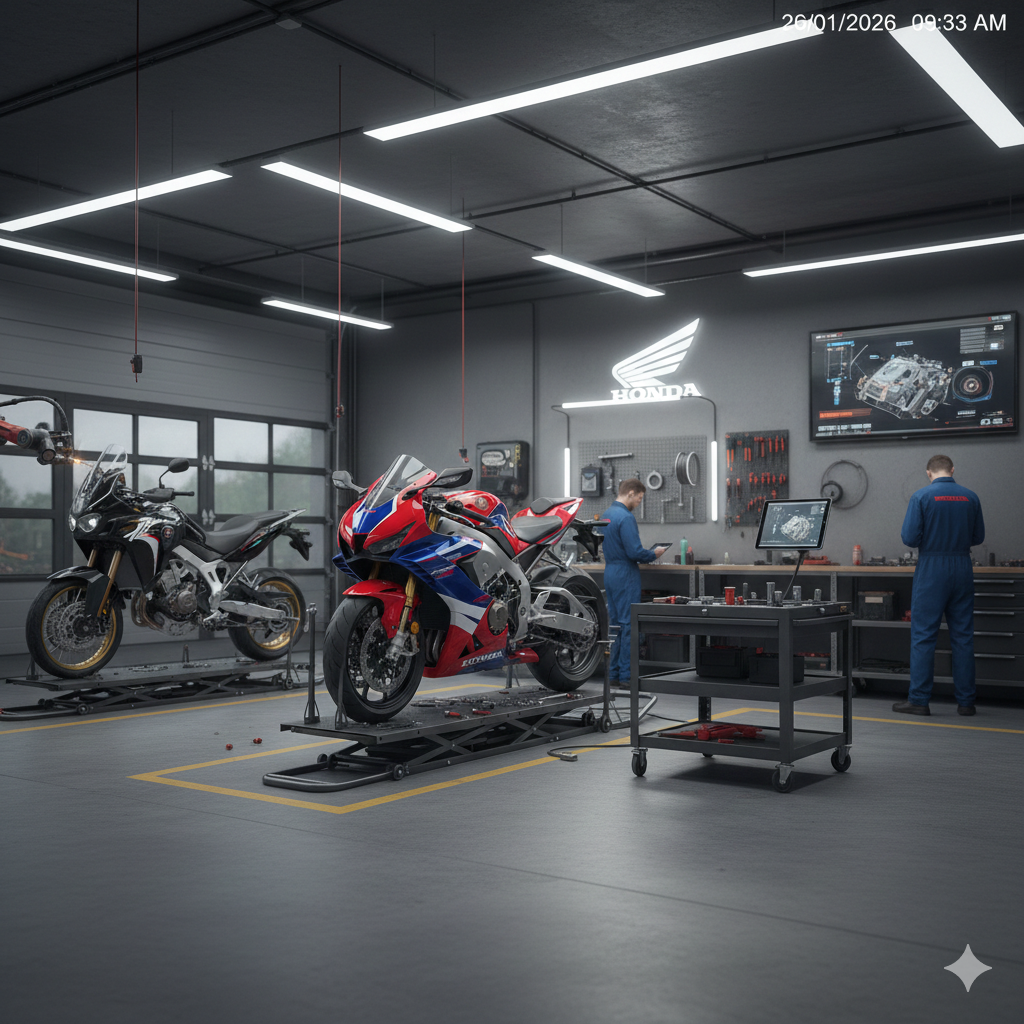 Officina di riparazione moto: due meccanici al lavoro sulle motociclette Honda.