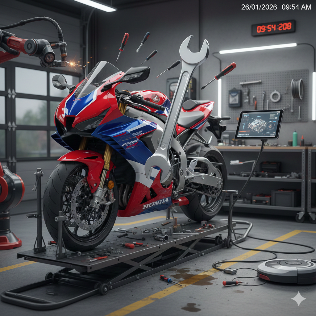 Motocicletta in un'officina con attrezzi. Motocicletta rossa, bianca e blu su un ponte sollevatore. Un braccio robotico nelle vicinanze.