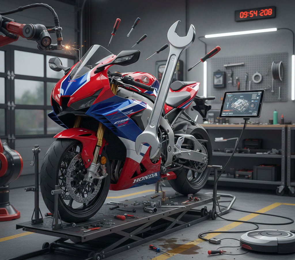 Motocicletta in un'officina con attrezzi. Motocicletta rossa, bianca e blu su un ponte sollevatore. Un braccio robotico nelle vicinanze.