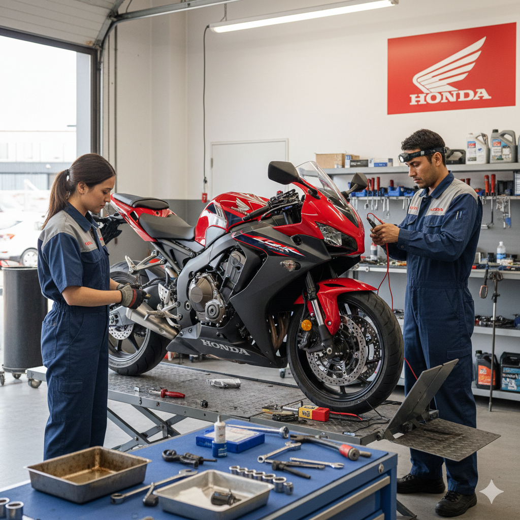 Due meccanici lavorano su una motocicletta Honda CBR rossa in un'officina. Attrezzi e pezzi di ricambio sono sul tavolo. Sullo sfondo l'insegna Honda.