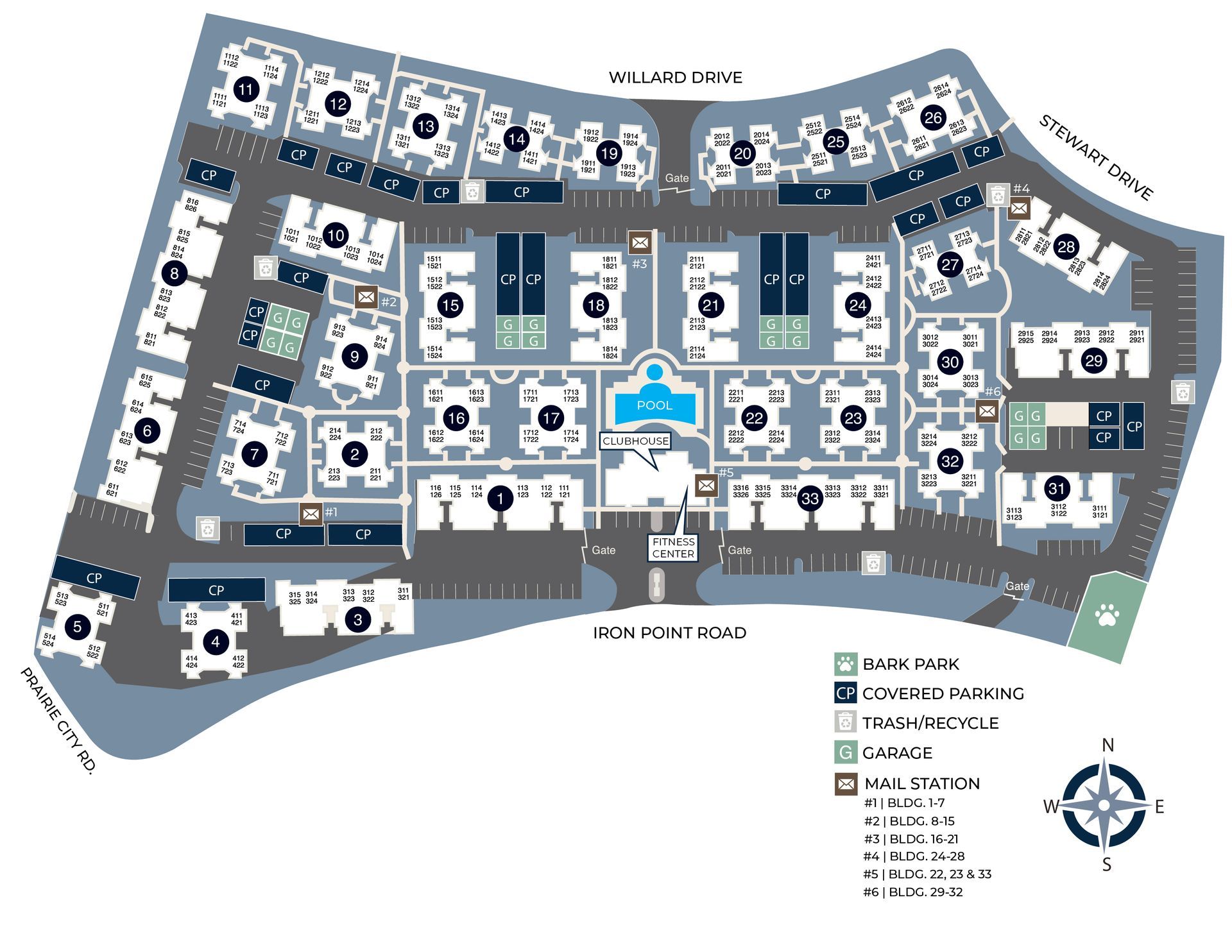 Floor plan of a resort with numbered buildings, pool, parking, fitness center, and entries.
