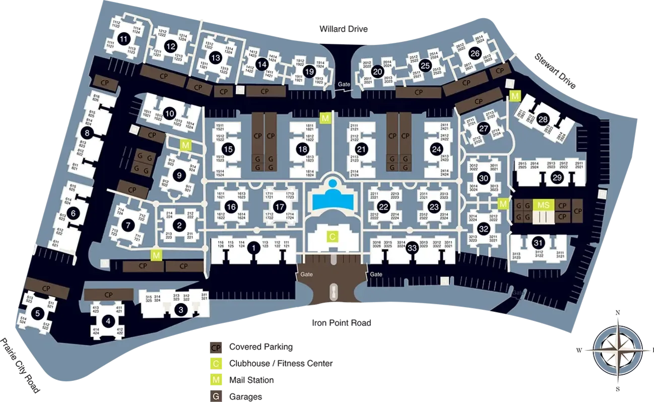 Floor plan of a resort with numbered buildings, pool, parking, fitness center, and entries.
