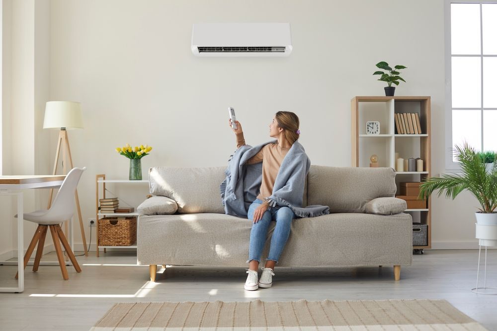 A woman is sitting on a couch in a living room holding a remote control.