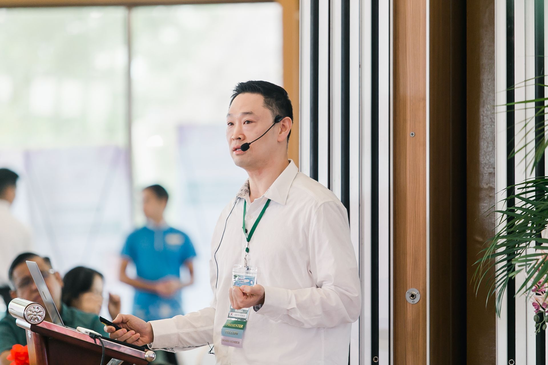 There is a reception desk in the middle of the room.