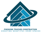 Logo of Finishing Touches Construction featuring a house shape made of blue tiles with a curved ring around it. Text: