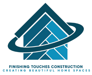 Logo of Finishing Touches Construction featuring a house shape made of blue tiles with a curved ring around it. Text: 