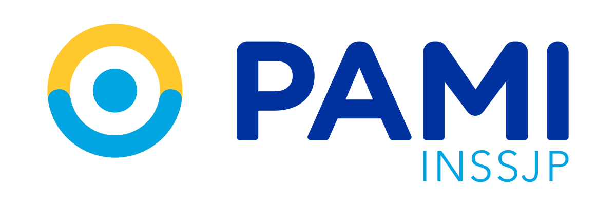 Logotipo de PAMI: un círculo azul y amarillo junto a la palabra “PAMI” en azul y “INSSJP” debajo.
