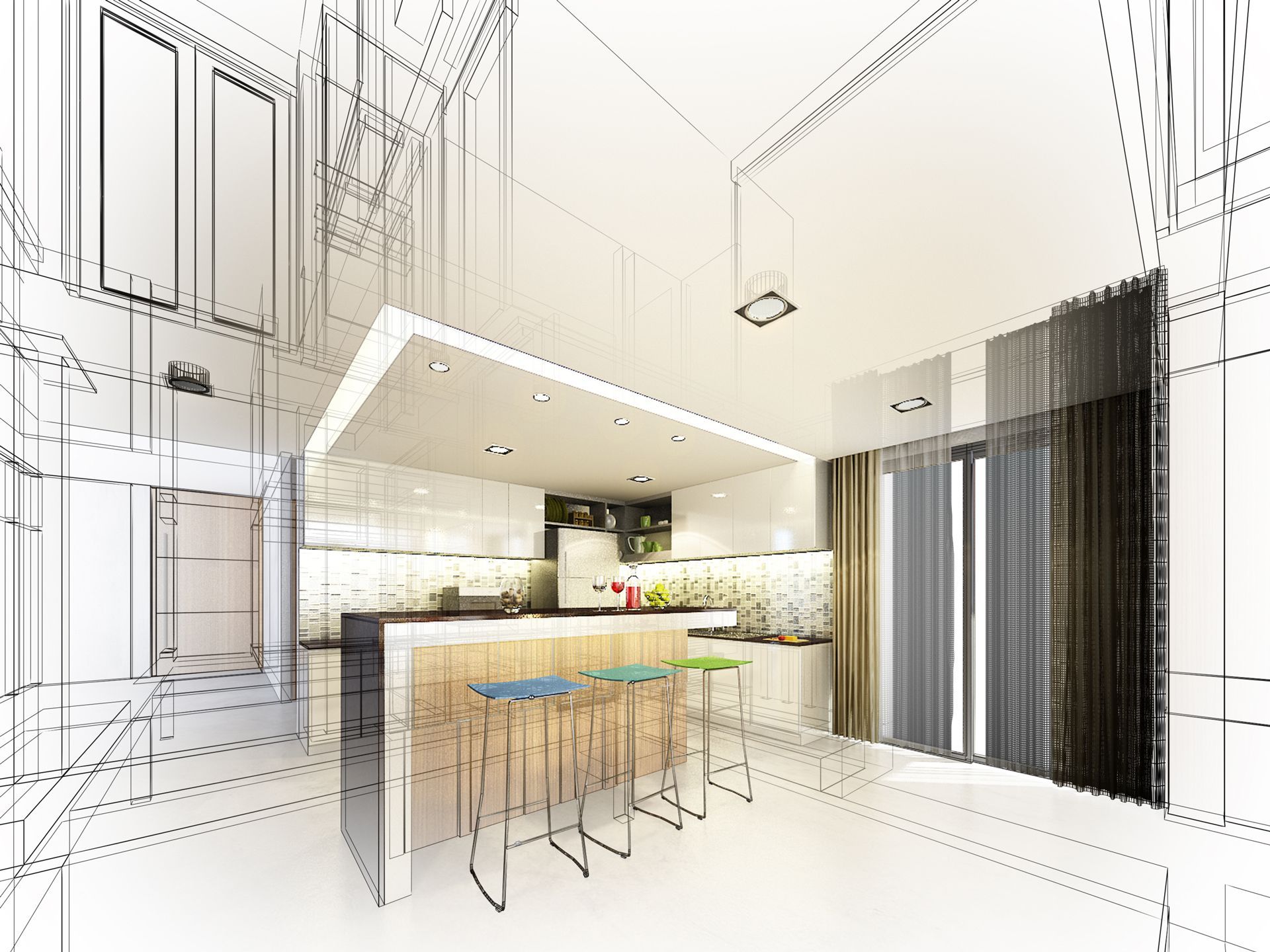 Modern white kitchen with island, bar stools, pendant light, and tall curtains.