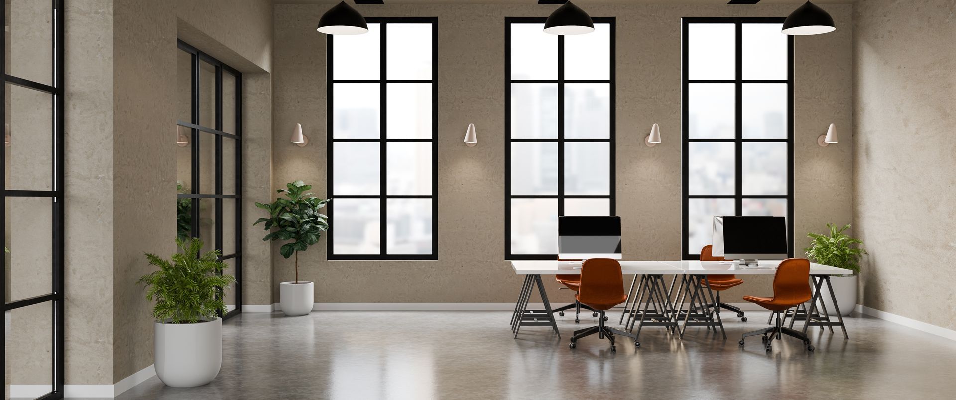 Modern office meeting room with large windows, table, chairs, and potted plants