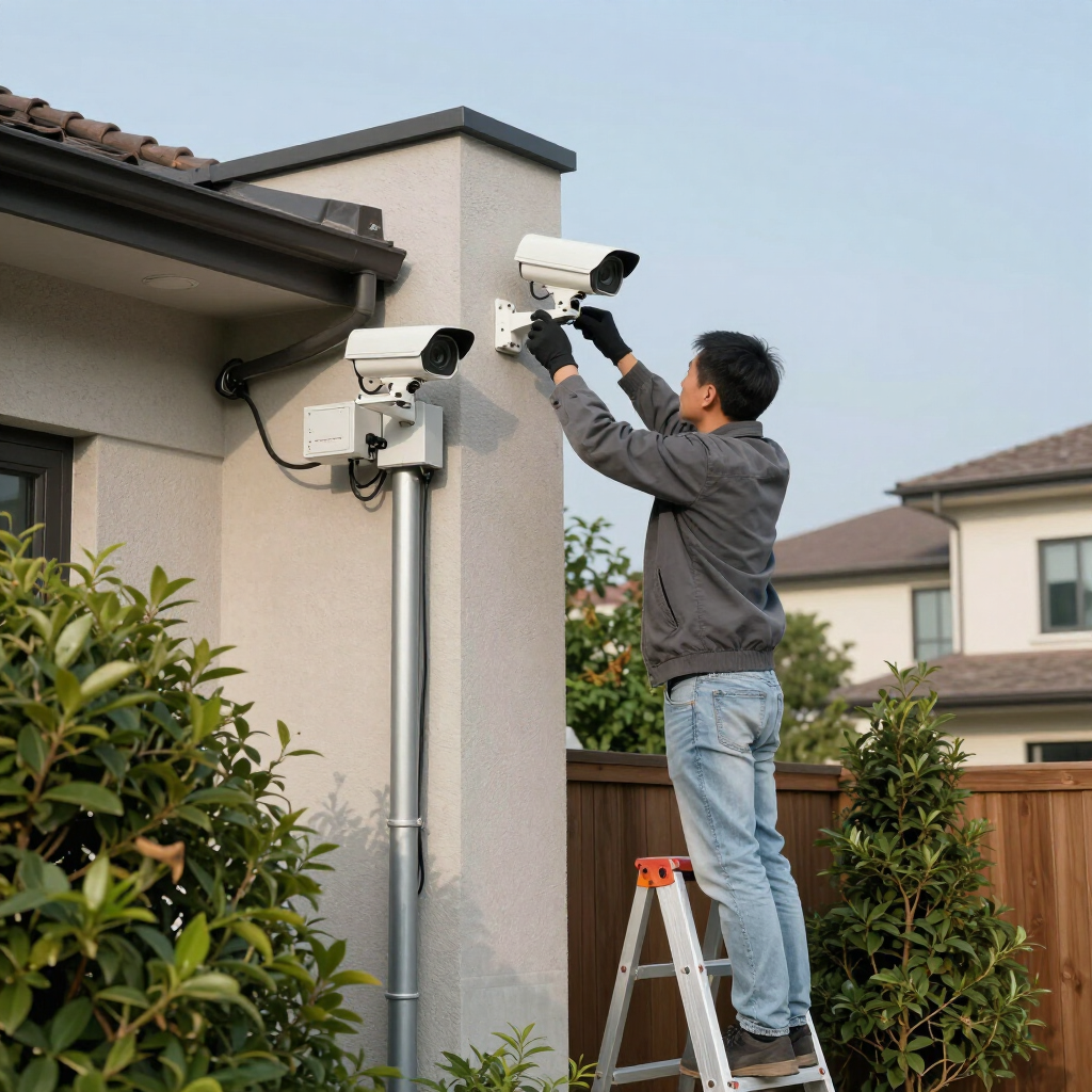 Technician installing a white security camera on a house exterior using a ladder.