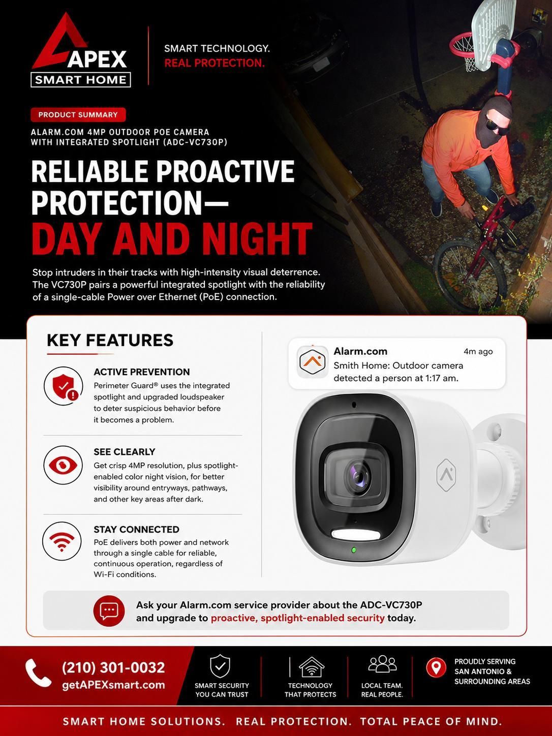 Black-and-red security camera ad with “Reliable proactive protection—day and night” and key features shown