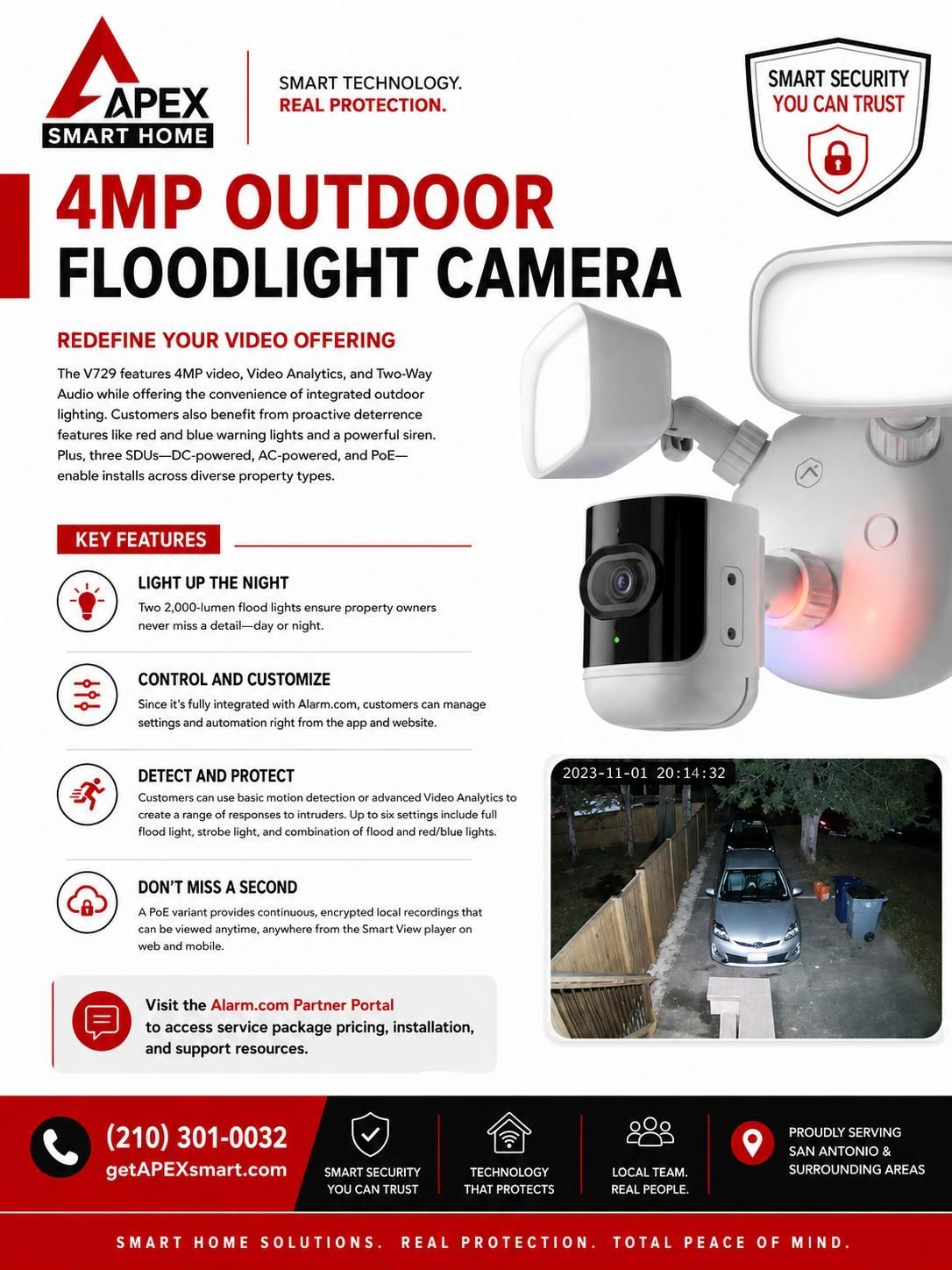 4MP outdoor floodlight camera ad with white security camera, red accents, and night driveway footage.