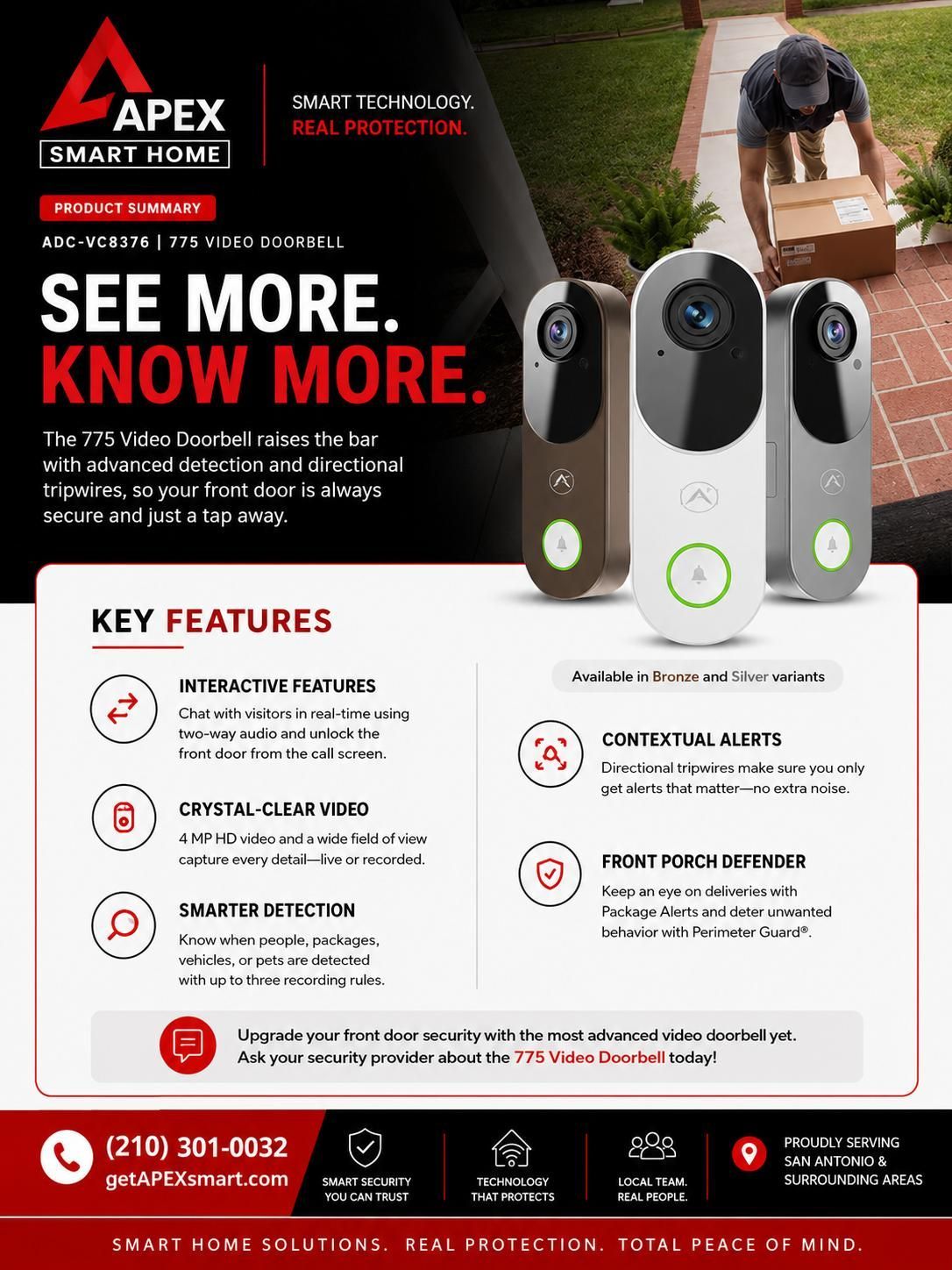 Apex solar inverter ad with three white devices, red accents, and “See More, Know More” headline on black background