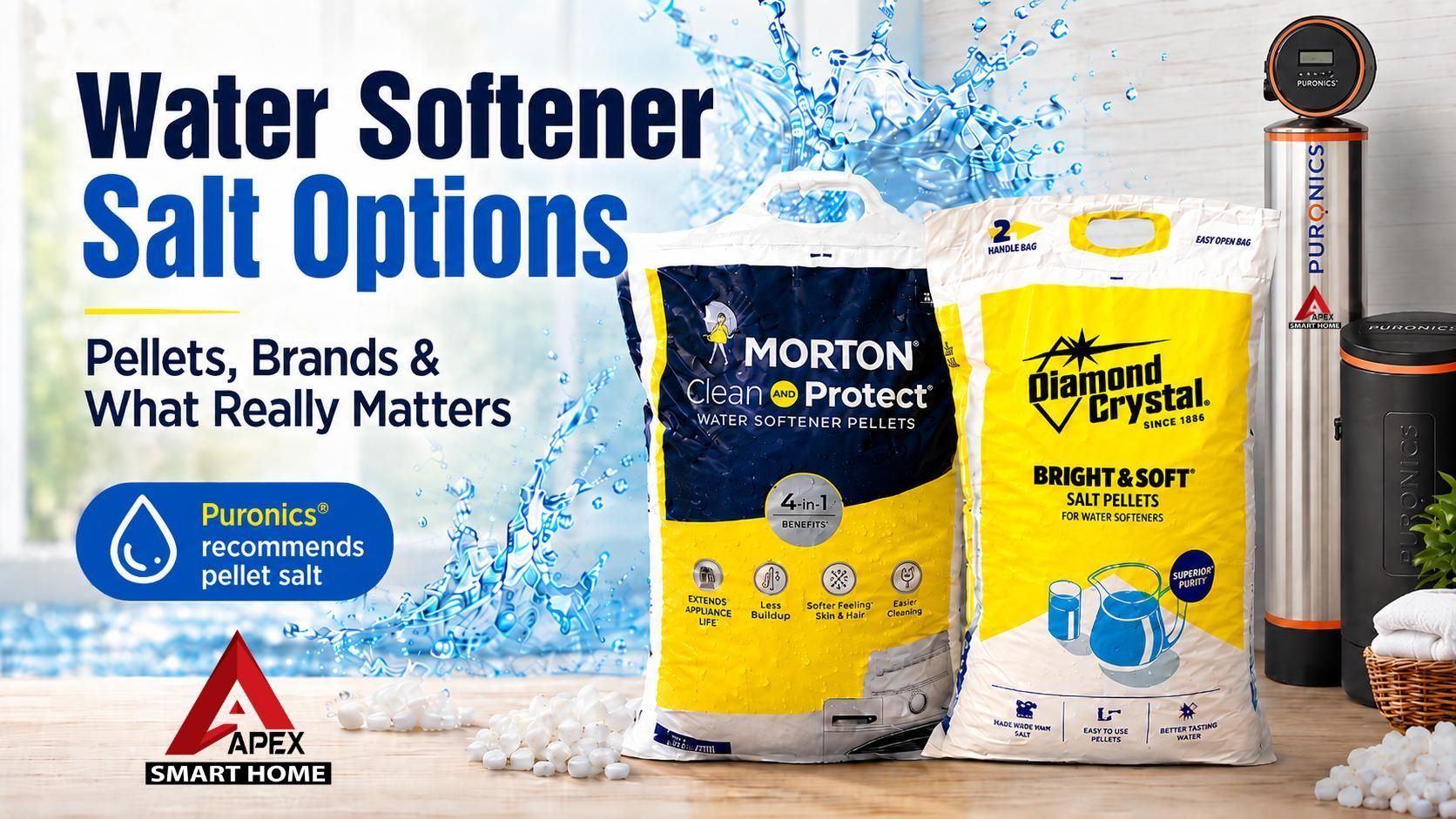 Pellet salt options like Morton Clean and Protect and Diamond Crystal Bright & Soft are both common