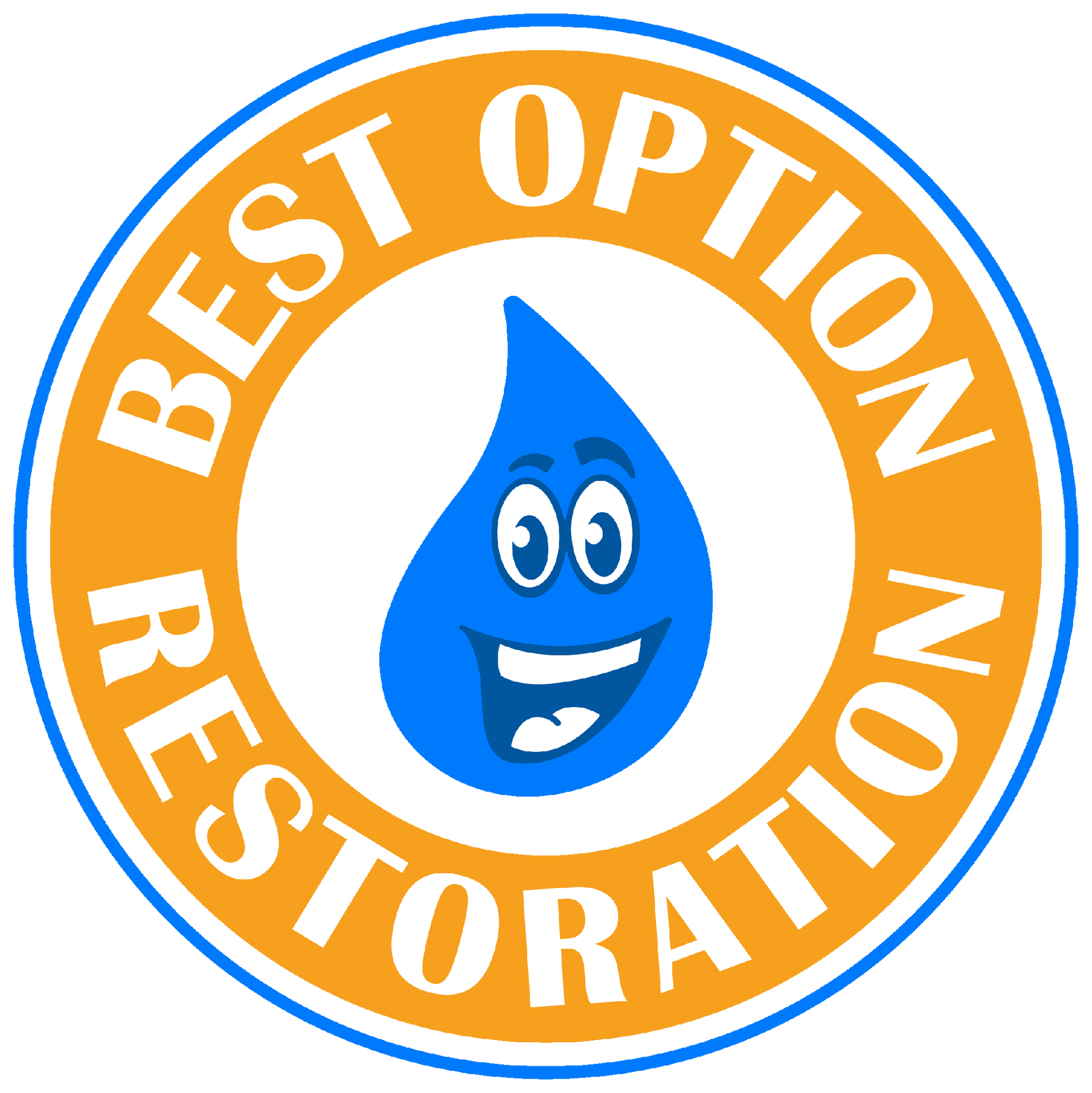 A logo for best option restoration with a smiling drop of water