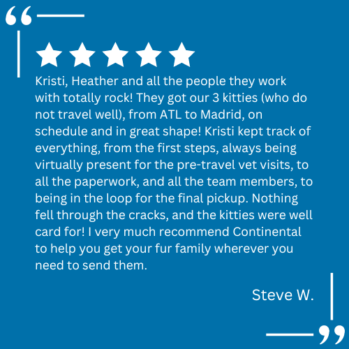 A client testimonial for pet relocation services provided by Continental Pet Relocation