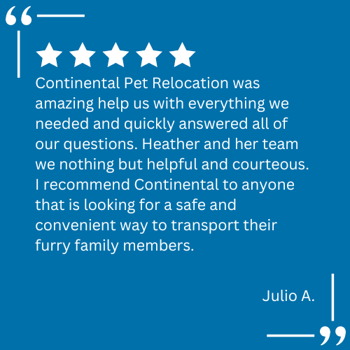 A client testimonial for pet relocation services provided by Continental Pet Relocation