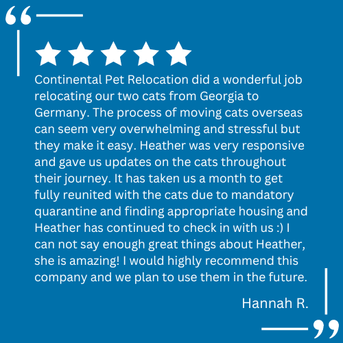 A client testimonial for pet relocation services provided by Continental Pet Relocation