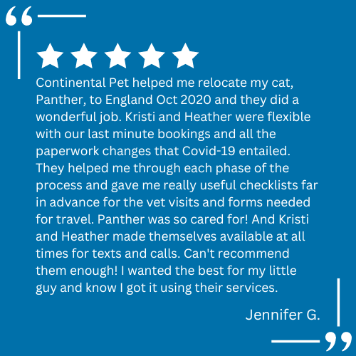 A client testimonial for pet relocation services provided by Continental Pet Relocation