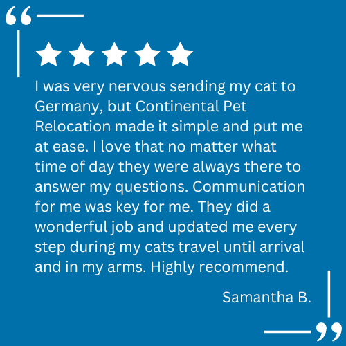 A client testimonial for pet relocation services provided by Continental Pet Relocation
