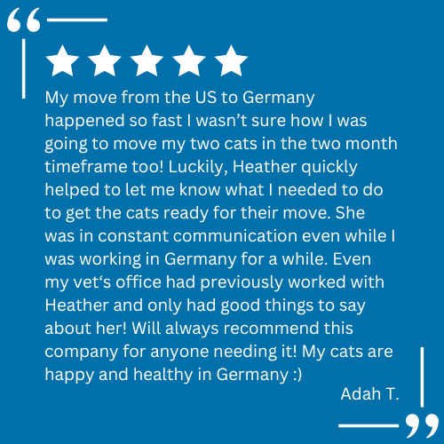 A client testimonial for pet relocation services provided by Continental Pet Relocation