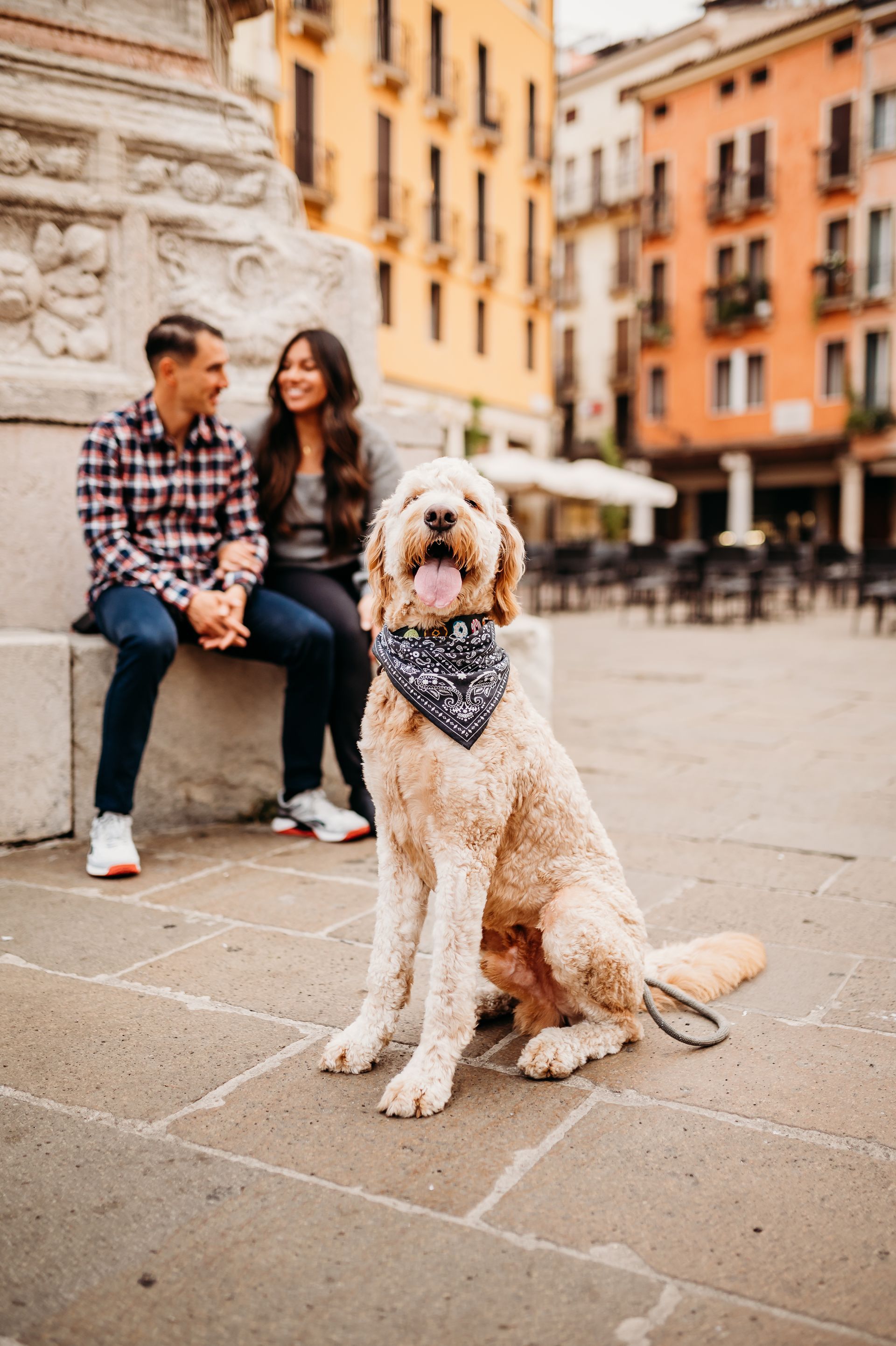 A man and woman are sitting on a ledge next to a dog wearing a bandana.