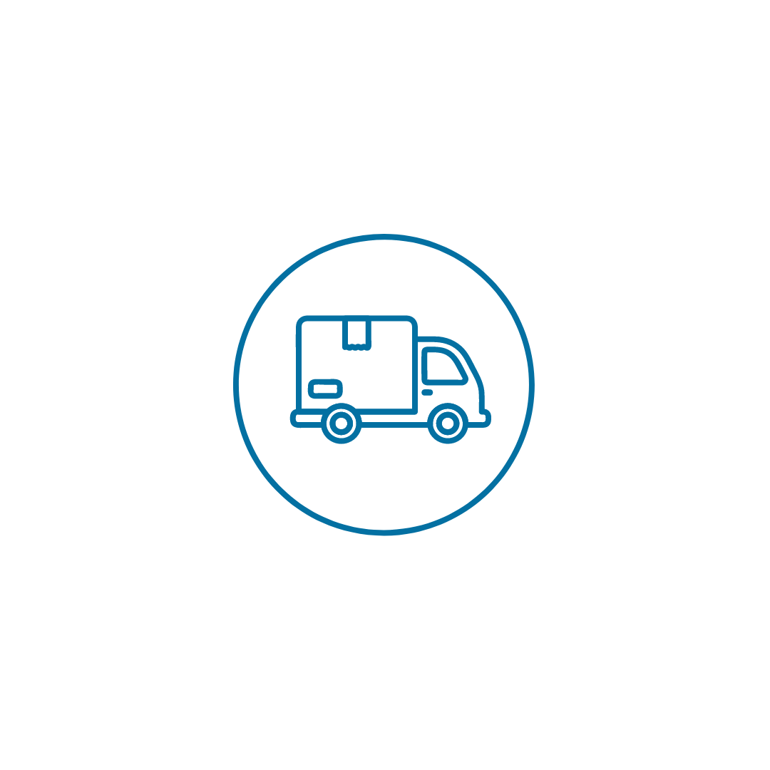 An icon of a delivery truck in a circle on a white background.