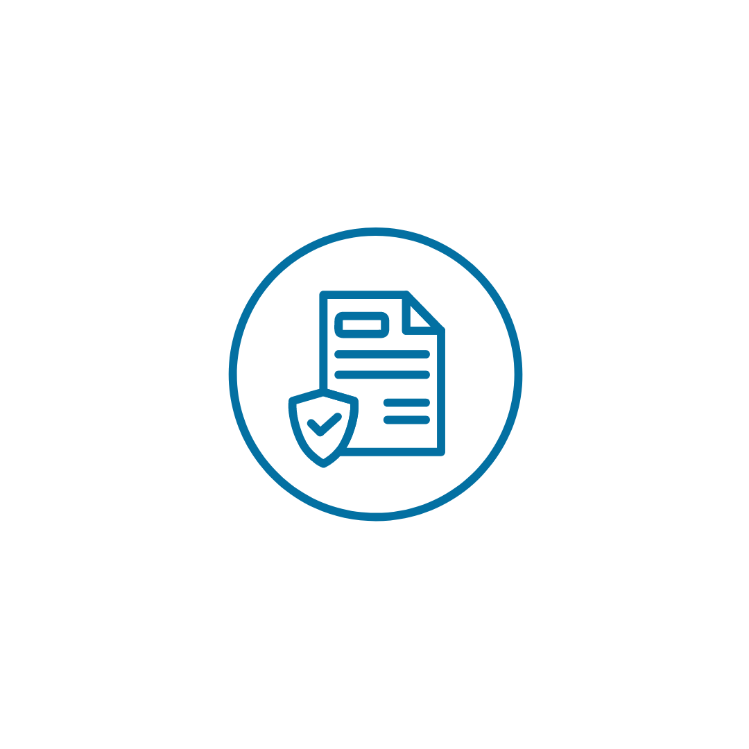 An icon of a document with a shield in a circle.