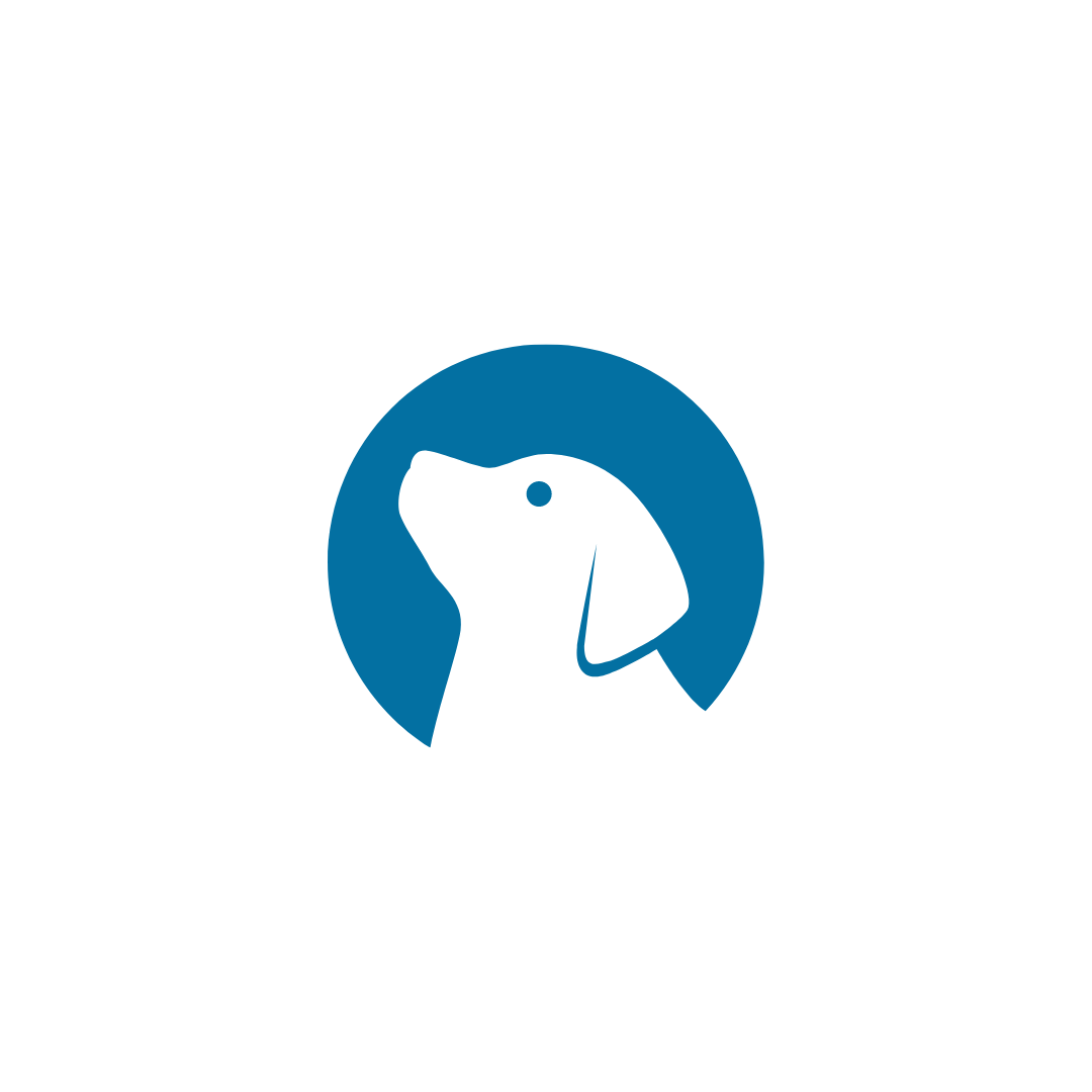 A silhouette of a dog 's head in a blue circle.