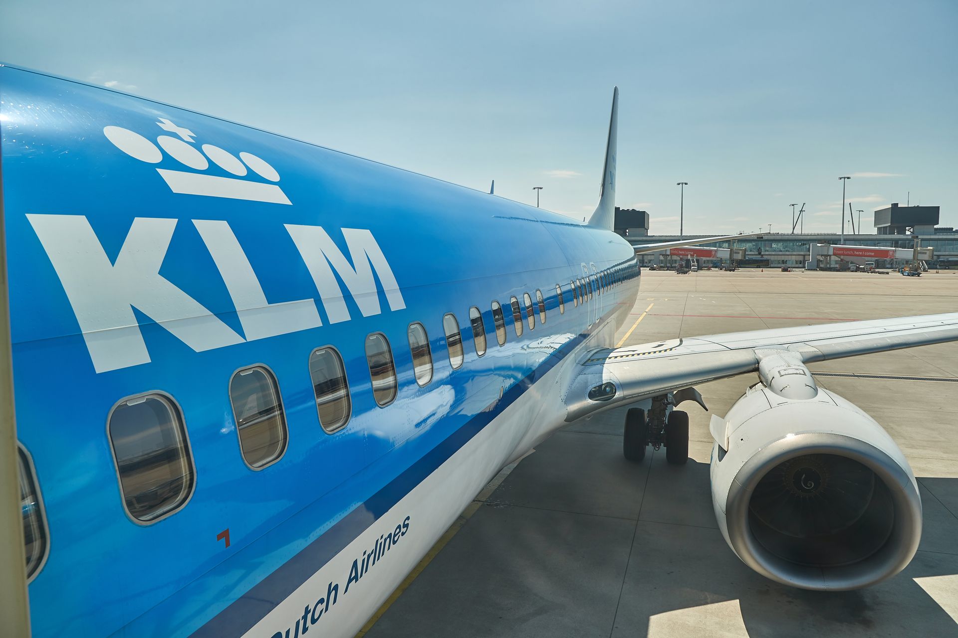 A blue klm airplane is parked on the tarmac
